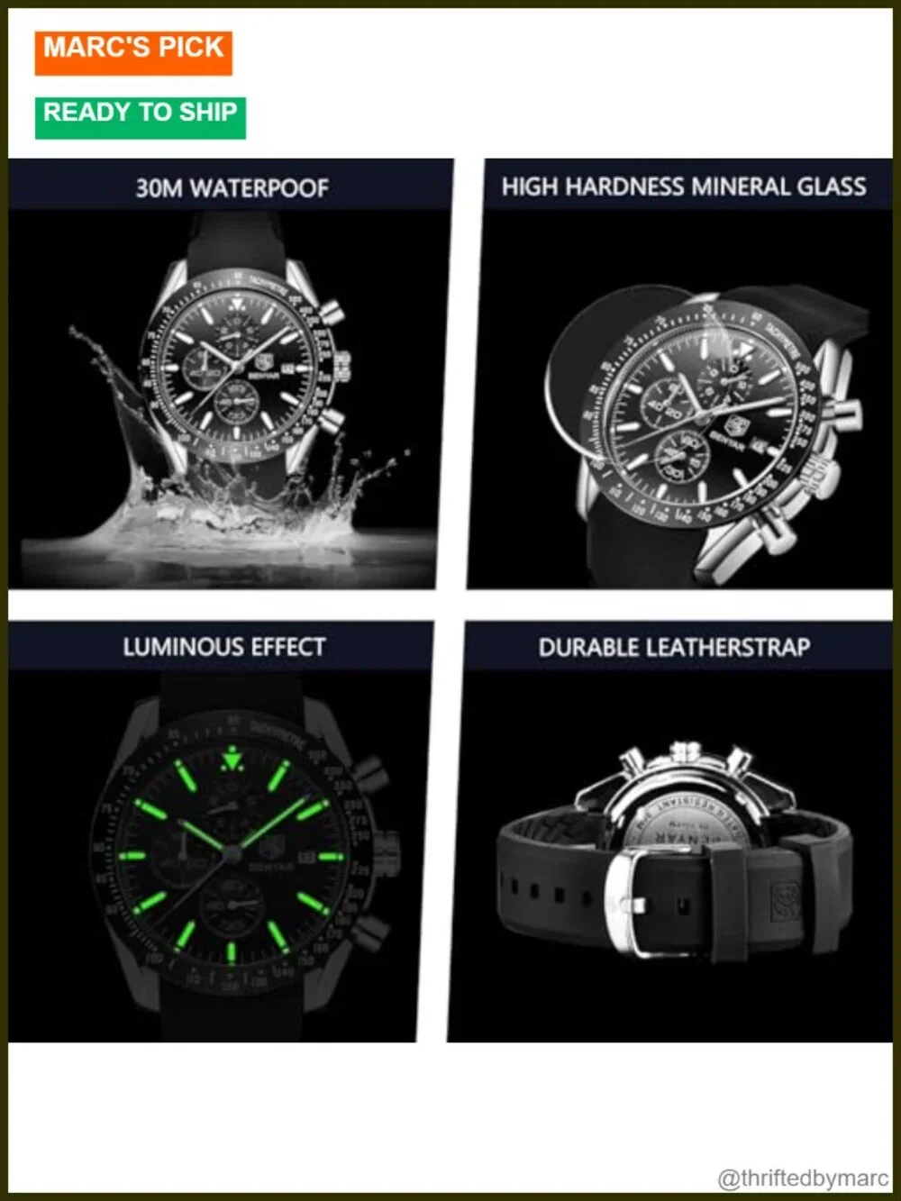 45mm Quartz Chronograph Watch with Leather Band, 30M Water Resistant